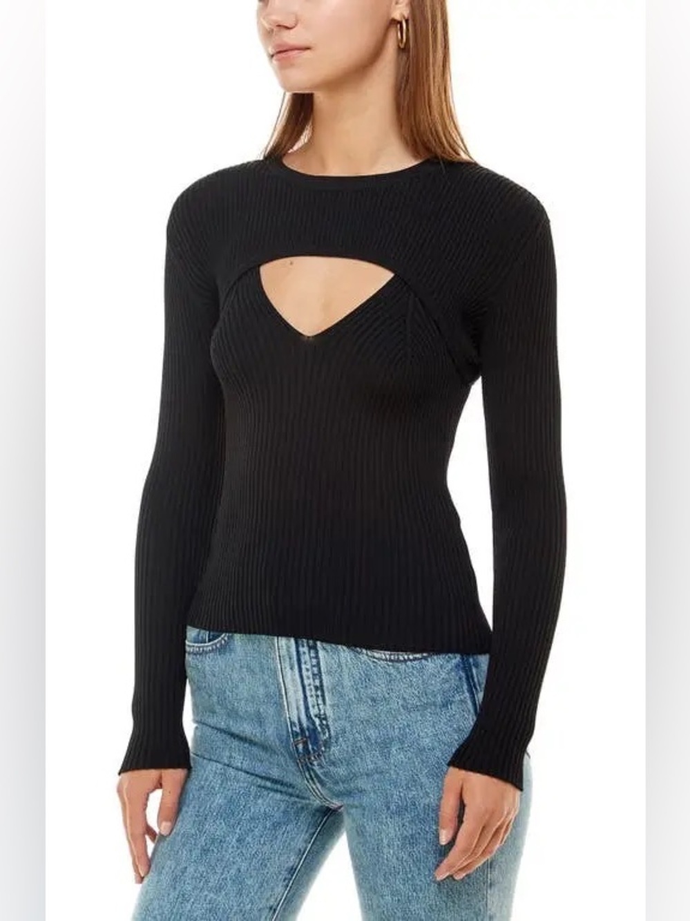 WAYF Clifton Cutout Long Sleeve Rib Top- Black NWT XL